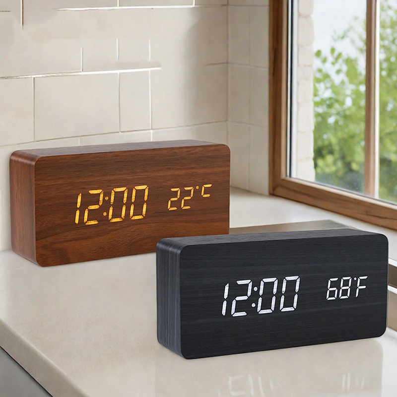 Office Tech Gadgets - Jam Alarm Digital Kayu, Jam LED